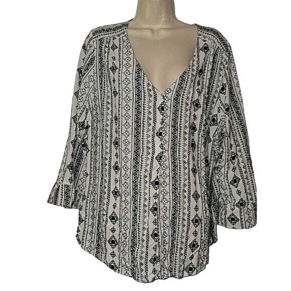COMO Boho Blouse‎ V Neck 3/4 Sleeve Button Down Tunic Top White Black Pattern 3X
